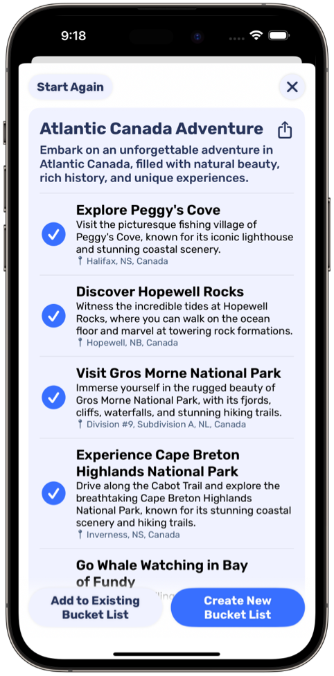 Screenshot of a list of activities for New Zealand suggested by AI.