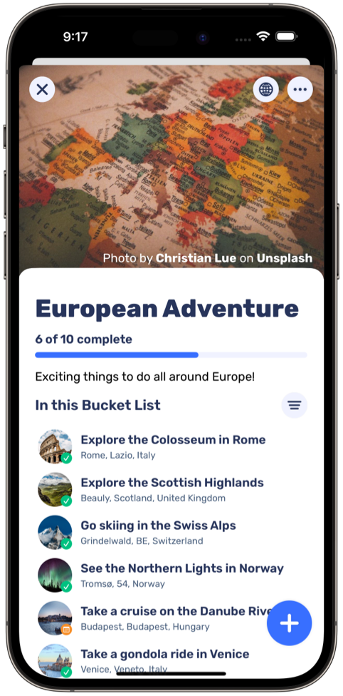 Screenshot showing a bucket list named 'European Adventures' that includes goals such as visit the Colosseum in Rome, explore the Scottish Highlands, and go skiing in the Swiss Alps.