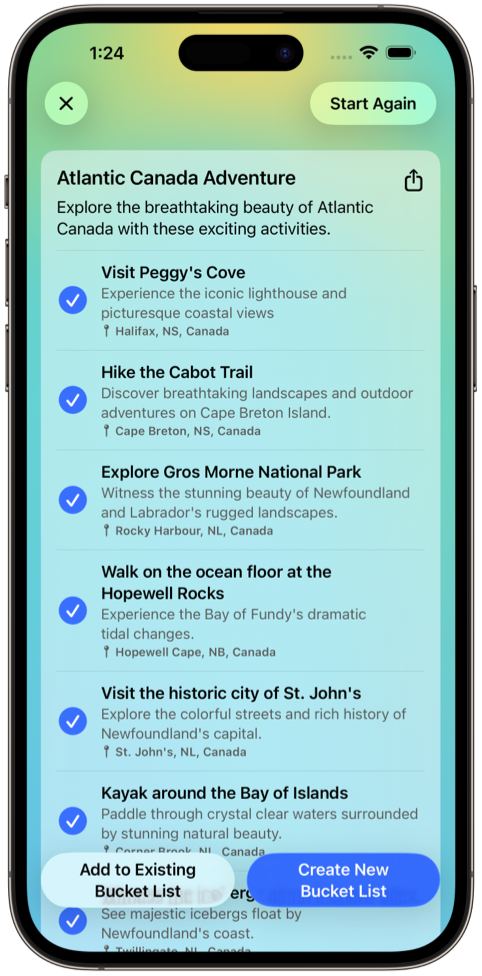 Screenshot of a list of activities for New Zealand suggested by AI.