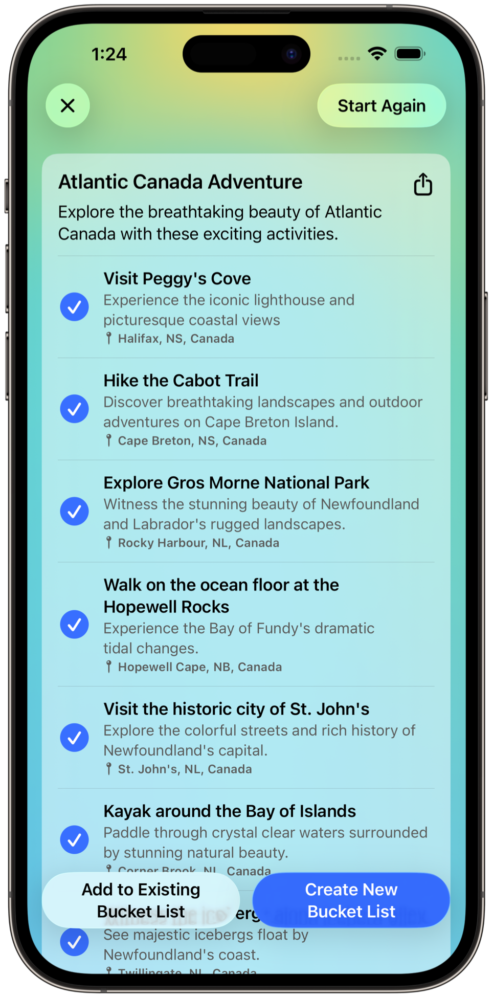 Screenshot of a list of activities for New Zealand suggested by AI.