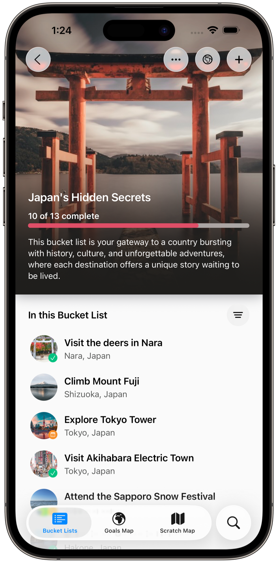 Screenshot showing a bucket list named 'European Adventures' with goals like visiting the Colosseum and skiing in the Swiss Alps.