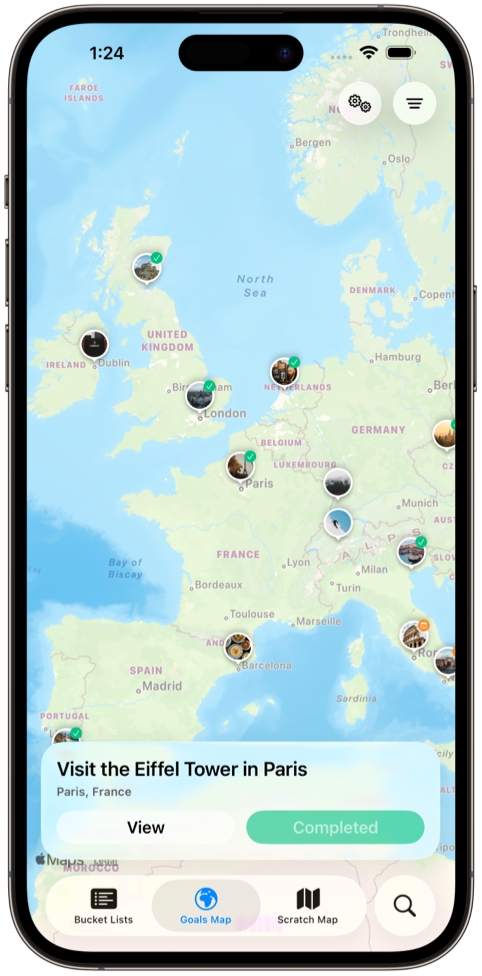 Screenshot showing a map of Europe with markers for each goal in a bucket list.