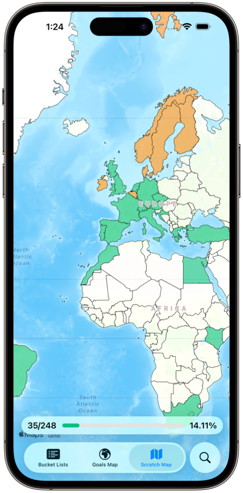 Screenshot of Söka's scratch map feature showing visited countries.